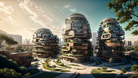 Landscape of futuristic city with modern buildings. Sustainable architecture, respectful of greeneryの素材