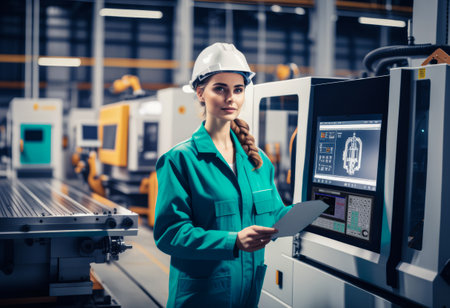 Female worker using CNC machine in factory workshop production line. Industry, engineering conceptの素材