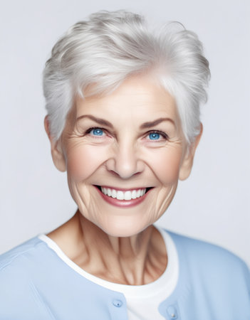 Close up portrait of beautiful smiling elderly woman. Senior female model, gray hair and white teethの素材