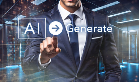 Businessman touch virtual screen with AI application. Man generate Artificial Intelligence modelsの素材