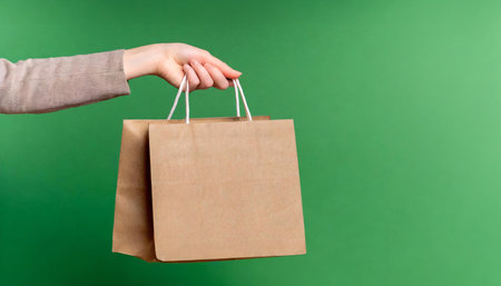 Female hand holding a recycled paper shopping bag. Circular economy, recycling and reuse conceptの素材