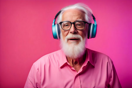 Portrait of Caucasian concentrated elderly man enjoy listening to music. Excited people multicolor dressの素材