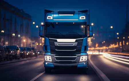 Front view of a big truck driving on a city street at night. Vehicle and transportation conceptの素材