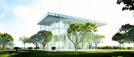 Glass building with trees on white background. Real estate, property business. Green economy conceptの素材