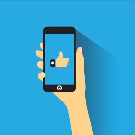 Hand holding smart phone with icon.のイラスト素材
