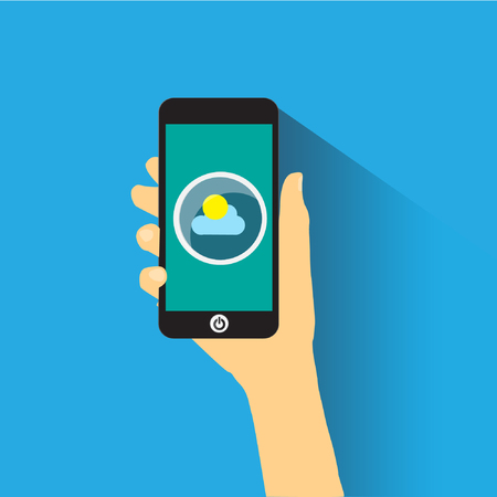 Hand holding smart phone with icon cloud.のイラスト素材