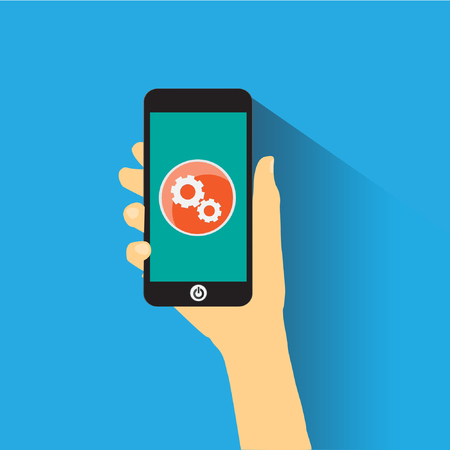 Hand holding smart phone with icon gear.のイラスト素材
