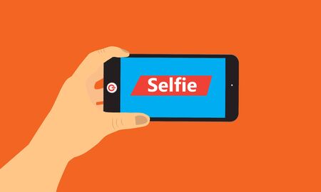 Hand hold smart phone selfie on mobile camera.のイラスト素材