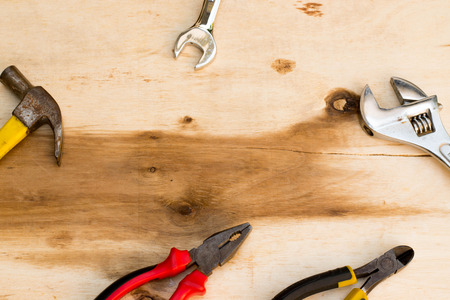 Work space of work tools on wood.の写真素材