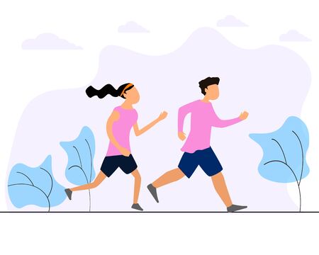 People male cartoon characters running, roller vector flat isolated illustration. love runing couple.のイラスト素材