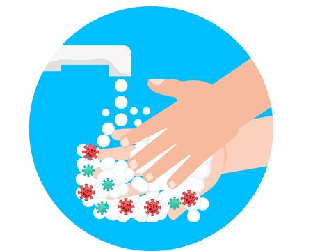 Washing hands with soap to prevent virus and bacteria vector Illustration.Hands Washing Hands Under Faucet with Germs Falling Downのイラスト素材