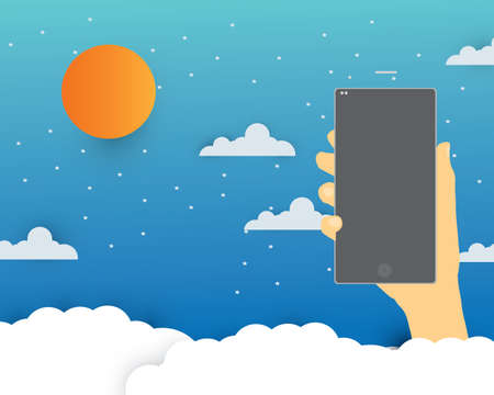 Flat design hand holding smartphone Blue sky Landscape blue sky and white clouds on sunny day. vector Illustration with rocket.のイラスト素材