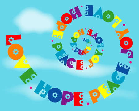 A fun spiral design of 'Love, Hope, Peace, Joy' in rainbow colours. のイラスト素材