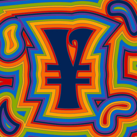 A groovy Yen sign with psychedelic offset swirls in rainbow colours.のイラスト素材