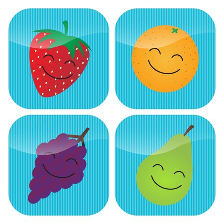 A set of four icons with cartoon smiling fruit - strawberry, orange, grapes and pear.のイラスト素材