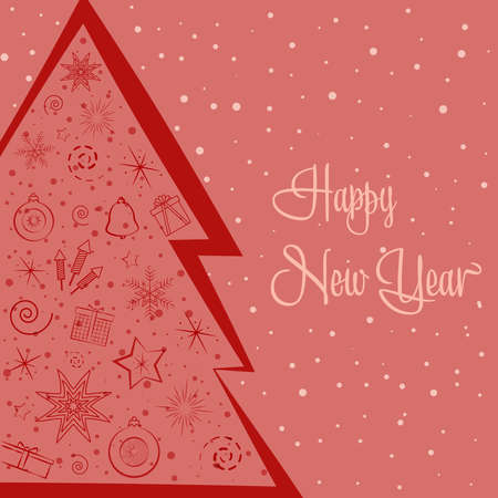 the silhouette of a Christmas tree dressed up inside on a pink background and snowfallのイラスト素材
