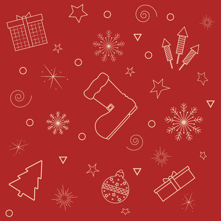 seamless pattern on a red background beige Christmas icons and snowflakesのイラスト素材