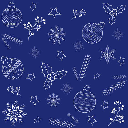 seamless pattern on a blue background white Christmas balls snowflakes and starsのイラスト素材