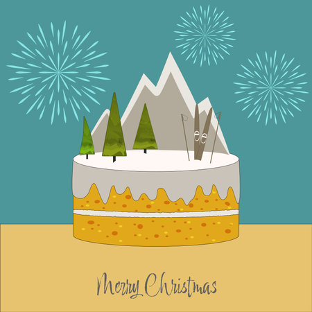 christmas cake with christmas tree mountain skiing on blue backgroundのイラスト素材