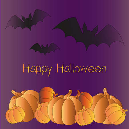 pumpkin postcard on purple background with bats and orange inscriptionのイラスト素材