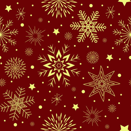 seamless pattern on a burgundy background yellow snowflakes stars and circlesのイラスト素材