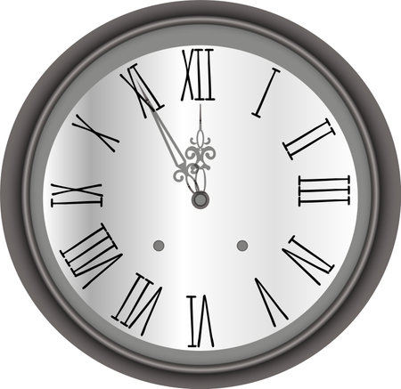 illustration of a round antique clock in a metal case with a white dialのイラスト素材