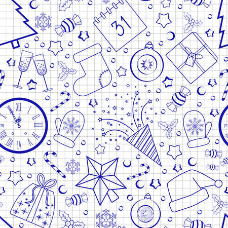 seamless New Year pattern blue doodles on checkered paper like in a notebook