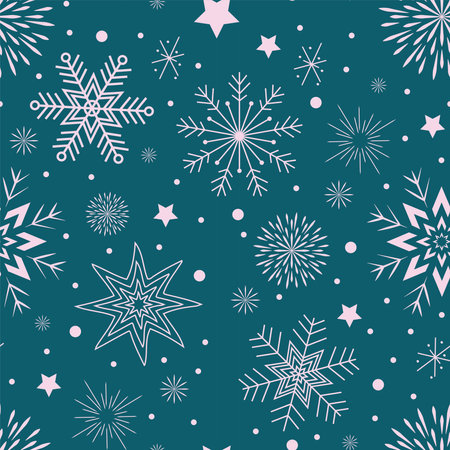 seamless pattern on a blue background white snowflakes stars and circlesのイラスト素材