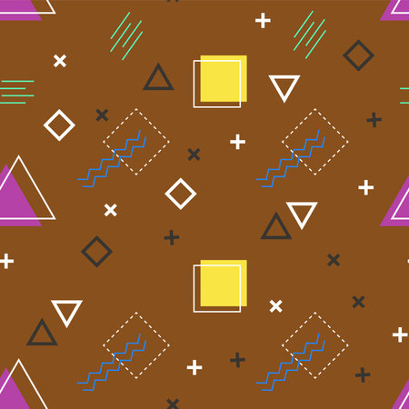 abstract seamless pattern on brown background multicolored pink and yellow geometric shapesのイラスト素材