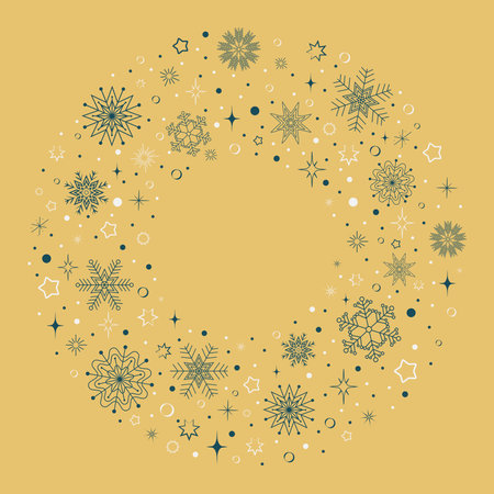 round frame with a pattern of blue and white snowflakes on a beige backgroundのイラスト素材