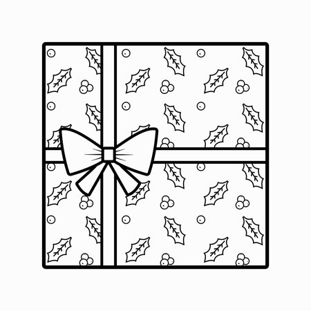 square gift box tied with ribbon and decorated with holly outline image on top flat styleのイラスト素材