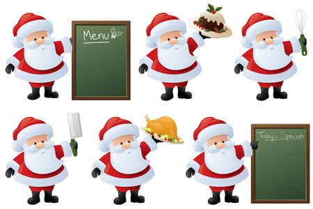 Foodie Santa with menus, food, and utensils.のイラスト素材
