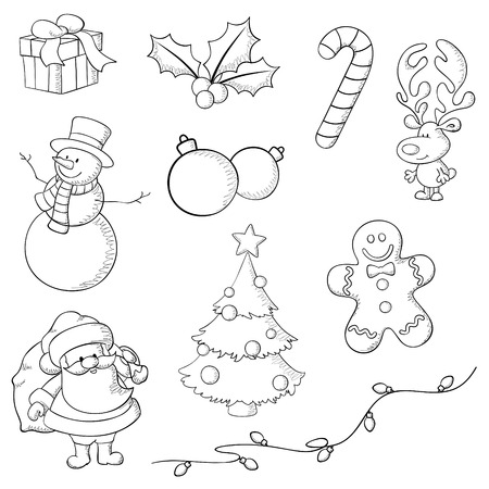 Christmas icons hand drawn in Illustrator with brush and pencil stroke. Lines only, no fill, image is transparentのイラスト素材