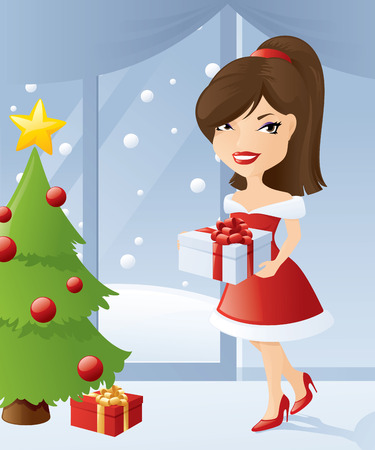 Girl in santa dress putting pressies under the tree.のイラスト素材