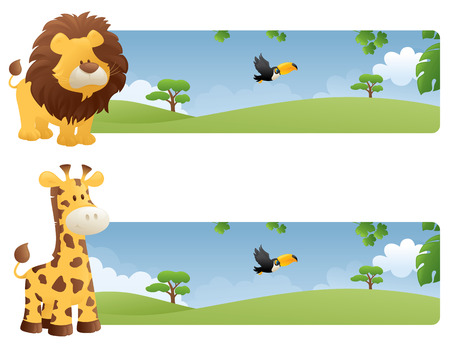 Lion and giraffe with jungle web banners.のイラスト素材