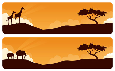 Giraffe and elephant african sunset banners.のイラスト素材