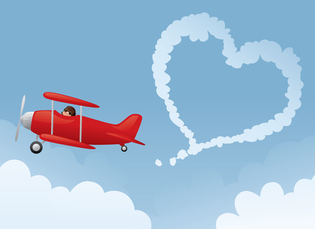 Red biplane drawing a heart in the sky.のイラスト素材
