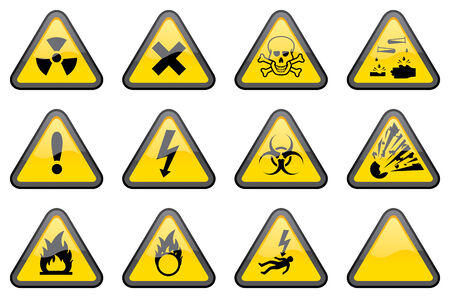 11 individually grouped glossy hazard warning signs, with one blank sign for your additions.のイラスト素材
