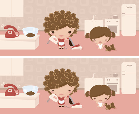Mom trying to vacuum, bake, answer the phone, while her kid screams and her hair curls! Retro feel.のイラスト素材