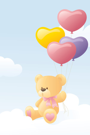 Teddy bear with heart balloons sitting in the clouds.のイラスト素材