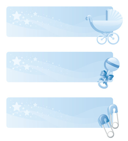Blue baby banners with pram, rattle and diaper pins.のイラスト素材