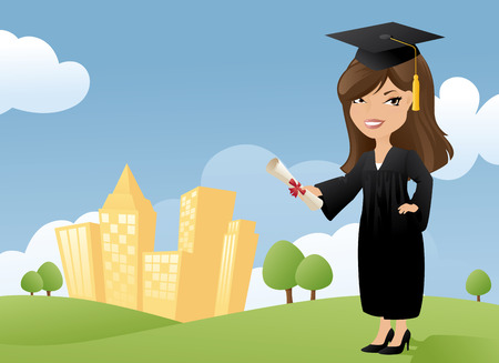 Girl in graduation gown and cap with diploma and city scene background. Separately grouped and layeredのイラスト素材