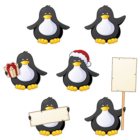 Six fat little penguins with signs, christmas gift and santa hat.のイラスト素材
