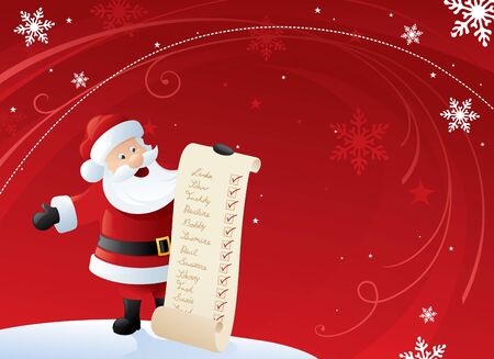 Santa holding his list of good kiddies with a red and white swirly background.のイラスト素材
