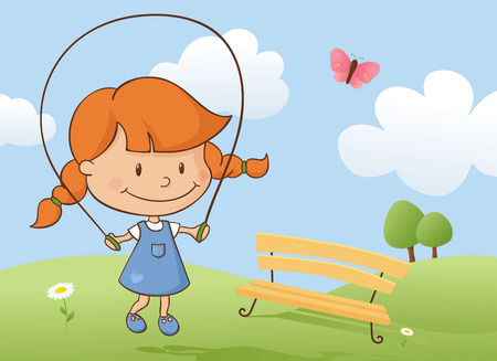 Little girl skipping in the park.のイラスト素材