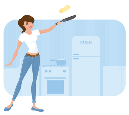Woman tossing a fresh pancake.のイラスト素材