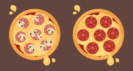Cheesy pizzas with pepperoni, mushrooms and tomatoes.のイラスト素材