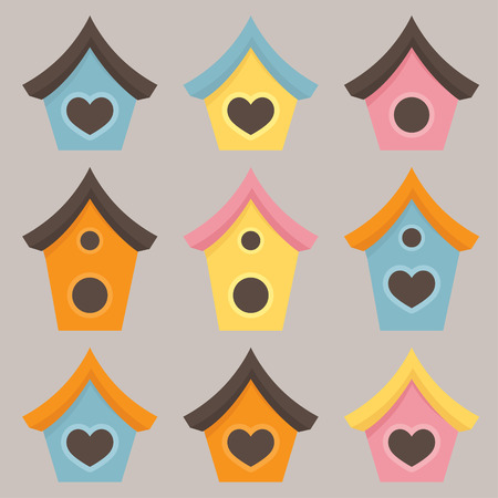 An assortment of brightly colored birdhouses.のイラスト素材
