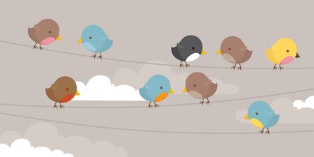 Lots of brightly coloured birds on a line.のイラスト素材