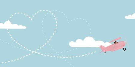 A pink biplane trailing a heart in the sky.のイラスト素材